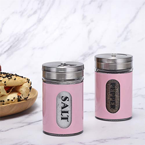 Salt and Pepper Shakers Stainless Steel and Glass Set with Adjustable Pour Holes (Pink)