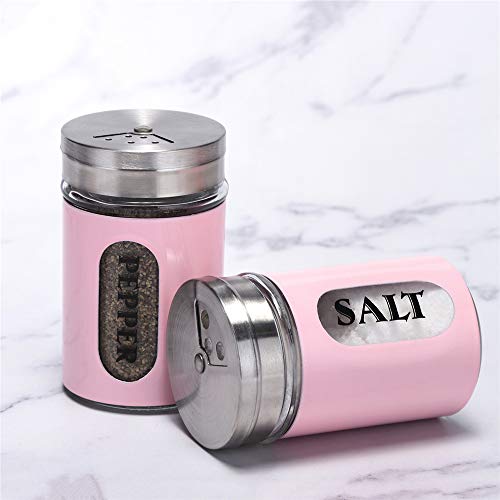 Salt and Pepper Shakers Stainless Steel and Glass Set with Adjustable Pour Holes (Pink)