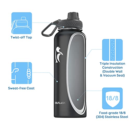 Coolflask Water Bottle 40 oz Insulated with Straw&Brush, Vaccum Stainless Steel Metal 3 Lids Water Flask for Sports, Gym or Office, Keep Cold 48H Hot 24H, Magic Black