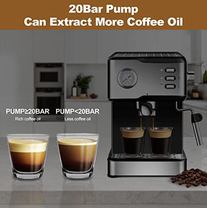 Geek Chef Espresso Machine 20 Bar Pump Pressure Cappuccino latte Maker Coffee Machine with ESE POD filter&Pressure gauge, 1.5L Water Tank 950W, Black