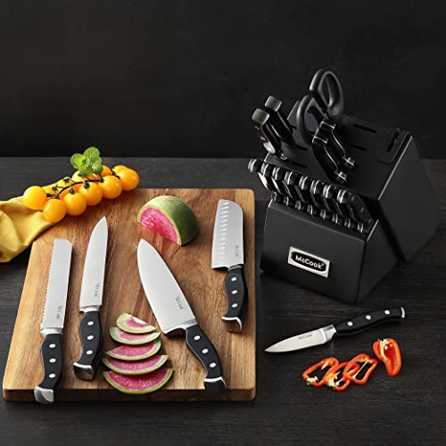 McCook MC65B Black Knife Sets, 20 Pieces German Stainless Steel Forged Kitchen Knives Block Set with Built-in Knife Sharpener Spreadr