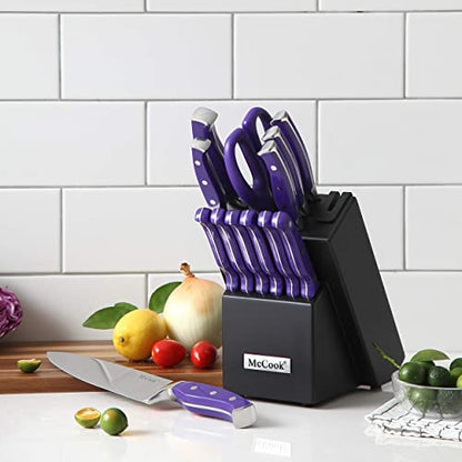 McCook MC27 14 Pieces Stainless Steel kitchen knife set with Wooden Block, Kitchen Scissors and Built-in Sharpener, Purple