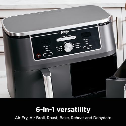 Ninja DZ401 Foodi 10 Quart 6-in-1 DualZone XL 2-Basket Air Fryer with 2 Independent Frying Baskets, Match Cook & Smart Finish to Roast, Broil, Dehydrate for Quick, Easy Family-Sized Meals, Grey