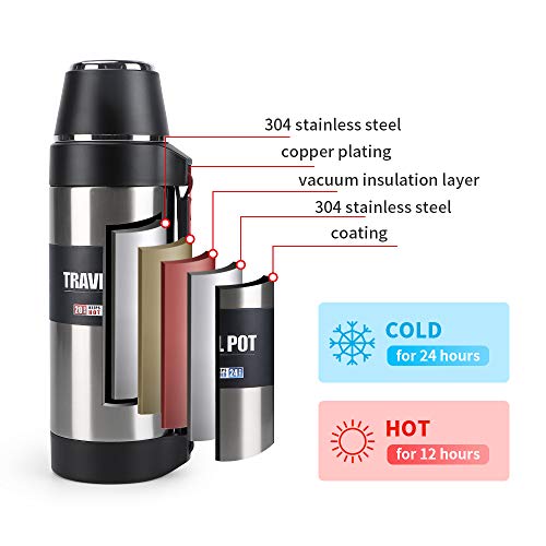 Stainless Steel Thermos with Cup – 51 oz Double-Wall Vacuum Insulated Water Bottle for Travel – Large Coffee Thermoses with Handle – Keeps Liquid Hot or Cold, Leak Resistant,Silver