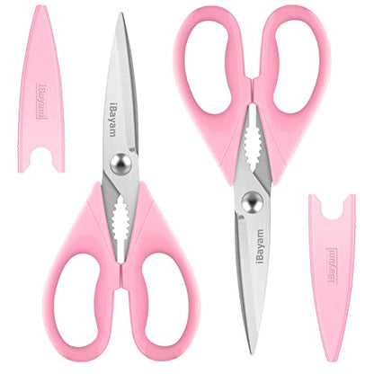 Kitchen Shears, iBayam Kitchen Scissors Heavy Duty Meat Scissors Poultry Shears, Dishwasher Safe Food Cooking Scissors All Purpose Stainless Steel Utility Scissors, 2-Pack (Pastel Pink)