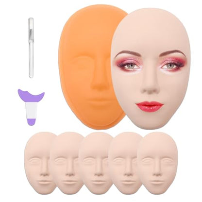 JUNLUNCE 6PCS Premium Silicone Face Practice Skin Kit - Includes 3D Face Model Stand and Eye Makeup Assistance Tools, Ideal for Daily Makeup Training and Workshops