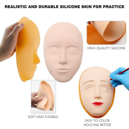 JUNLUNCE 6PCS Premium Silicone Face Practice Skin Kit - Includes 3D Face Model Stand and Eye Makeup Assistance Tools, Ideal for Daily Makeup Training and Workshops