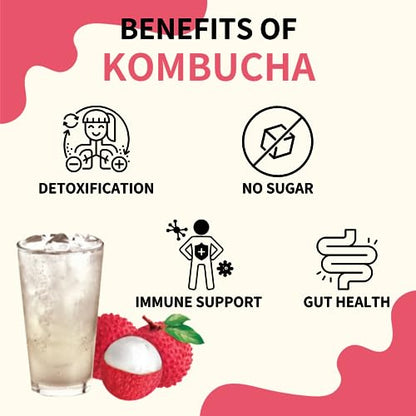 Garden Kombucha Tea, Powder 5g x 20 Sachets (100g/3.52oz) Probiotics, Prebiotics, Sugar Free, Black Tea, Healthy Drink with Bottle (FREE BOTTLE SHAKER) (Lychee)