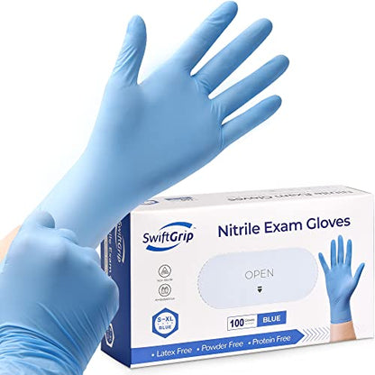 SwiftGrip (Large) Disposable Nitrile Exam Gloves, 3-mil, Blue, Nitrile Gloves Disposable Latex Free, Medical Gloves, Cleaning Gloves, Food-Safe Rubber Gloves, Powder Free, Non-Sterile, 100-ct Box (Large)