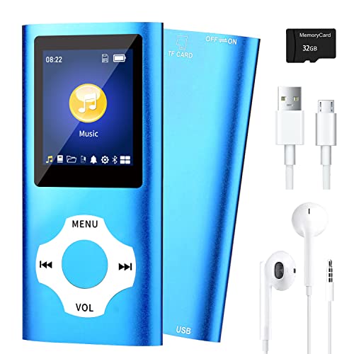 Mp3 Player with 32GB TF Card,MP3 Music Player with Bluetooth 5.0,FM Radio,Earphone, Portable HiFi Music Player with Voice Recorder/Video/Photo Viewer/E-Book Player for Kids,Running,Walking (Blue)