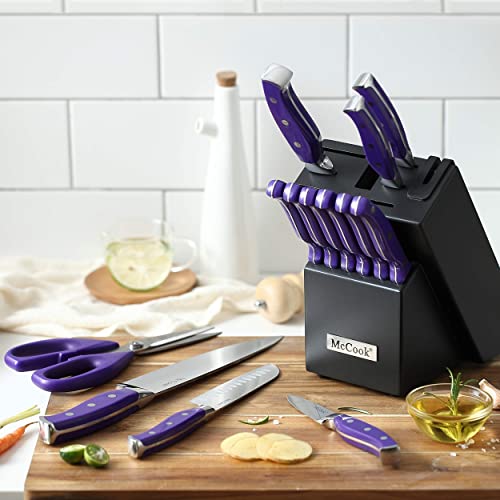 McCook MC27 14 Pieces Stainless Steel kitchen knife set with Wooden Block, Kitchen Scissors and Built-in Sharpener, Purple