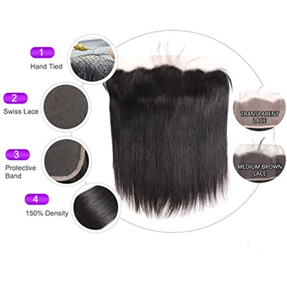 Straight Bundles with Frontal Human Hair 100% Brazilian Virgin Straight Hair 3 Bundles with Lace Frontal Closure 13x4 Free Part 10A Grade Human Hair Extensions Natural Black Color (14 16 18+12 Inch) Spreadr