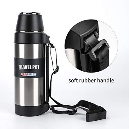 Stainless Steel Thermos with Cup – 51 oz Double-Wall Vacuum Insulated Water Bottle for Travel – Large Coffee Thermoses with Handle – Keeps Liquid Hot or Cold, Leak Resistant,Silver