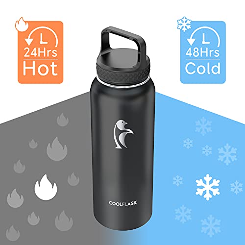 Coolflask Water Bottle 40 oz Insulated with Straw&Brush, Vaccum Stainless Steel Metal 3 Lids Water Flask for Sports, Gym or Office, Keep Cold 48H Hot 24H, Magic Black