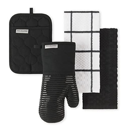 KitchenAid Onion Quilt KT OM PH Kitchen Towel, Oven Mitt & Potholder Set, Onyx Black