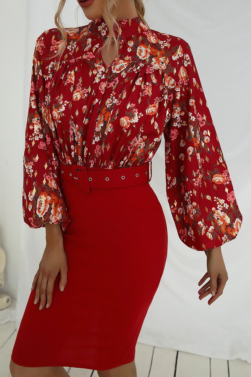 Floral Print Mock Neck Lantern Sleeve Dress