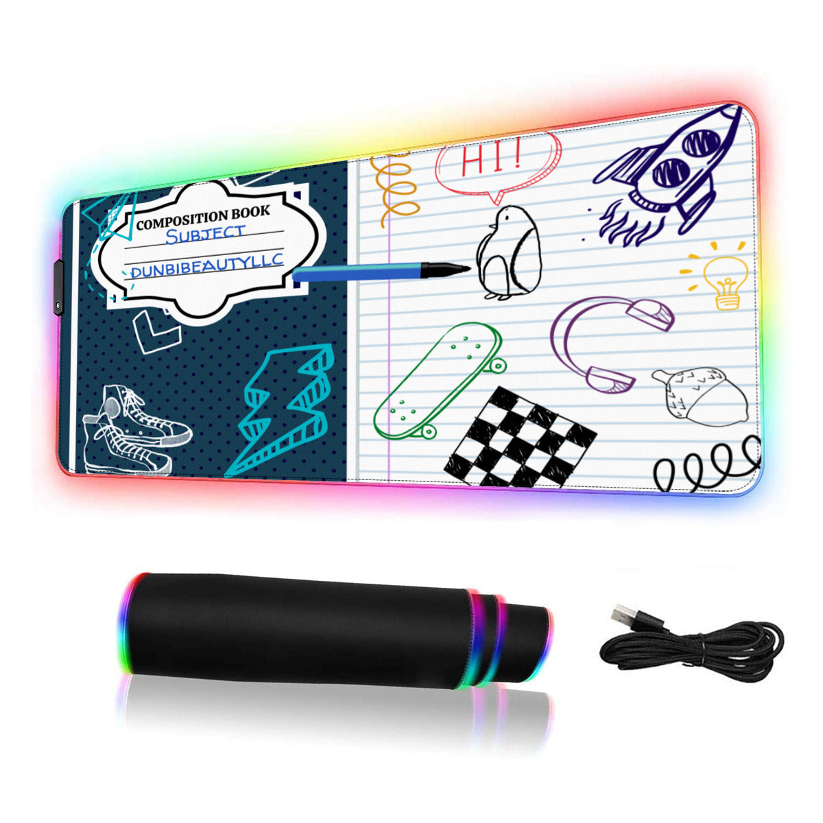 Multi-Interface Lighted Mouse Pad｜Rubber - Back to School, Composition Notebook Style, Doodles, Scribbles, Writing, Boy, Blue (Designed by Dunbi)