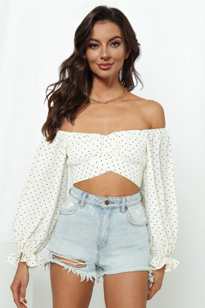 Printed Long Flounce Sleeve Cropped Blouse