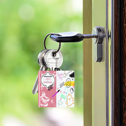 Wooden square keychain (double-sided design) | MDF - Back to School, Composition Notebook Style, Doodles, Scribbles, Writing, Girl, Pink (Designed by Dunbi)