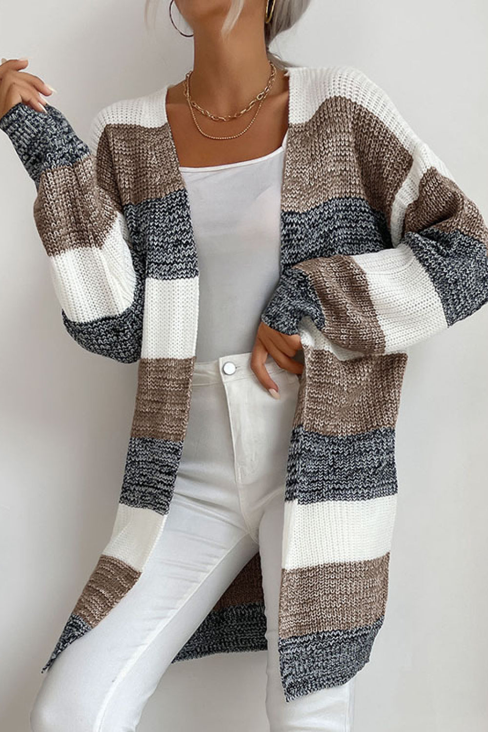 Striped Long Sleeve Duster Cardigan Trendsi