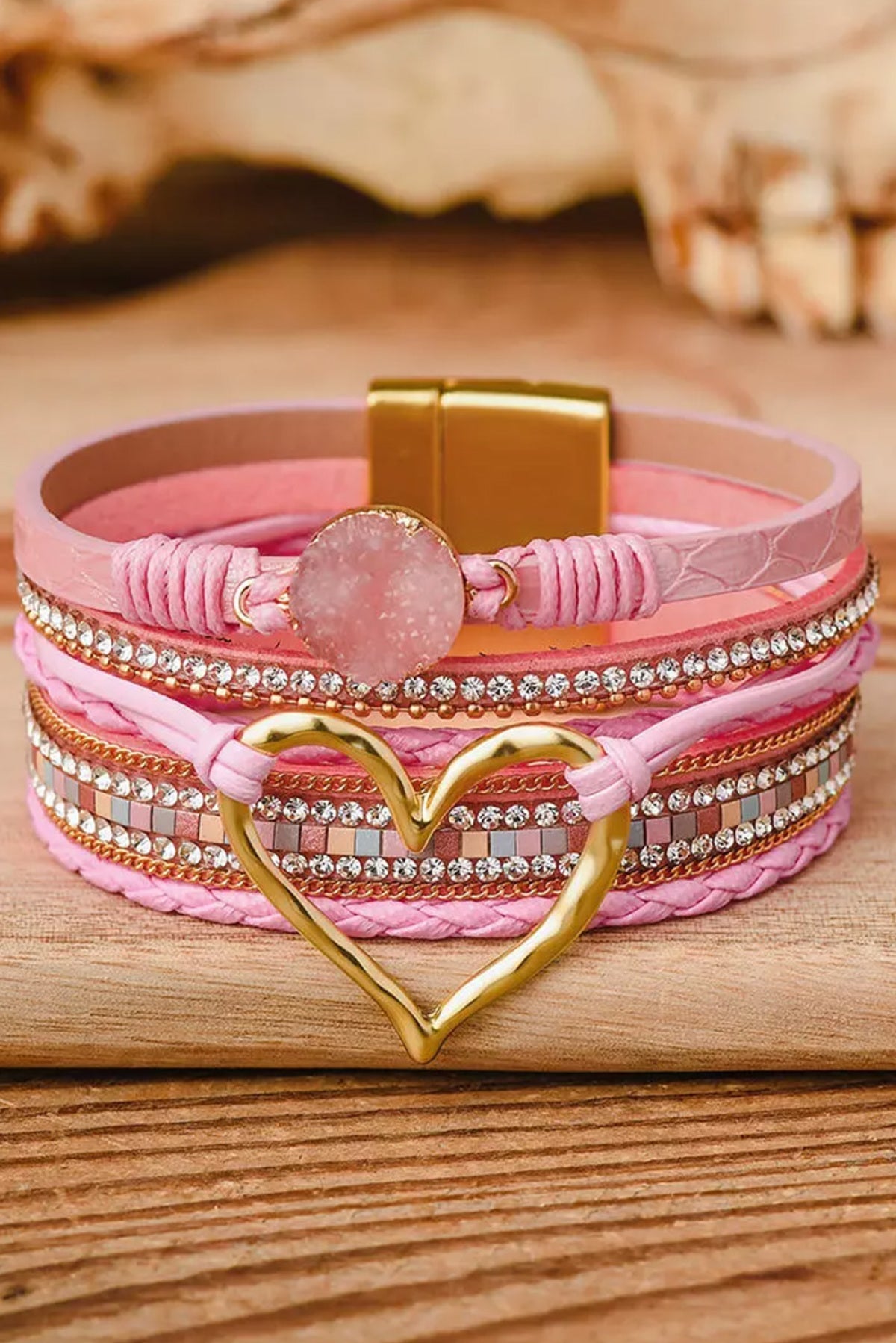 Bohemian Heart Rhinestone Magnetic Buckle Bracelet