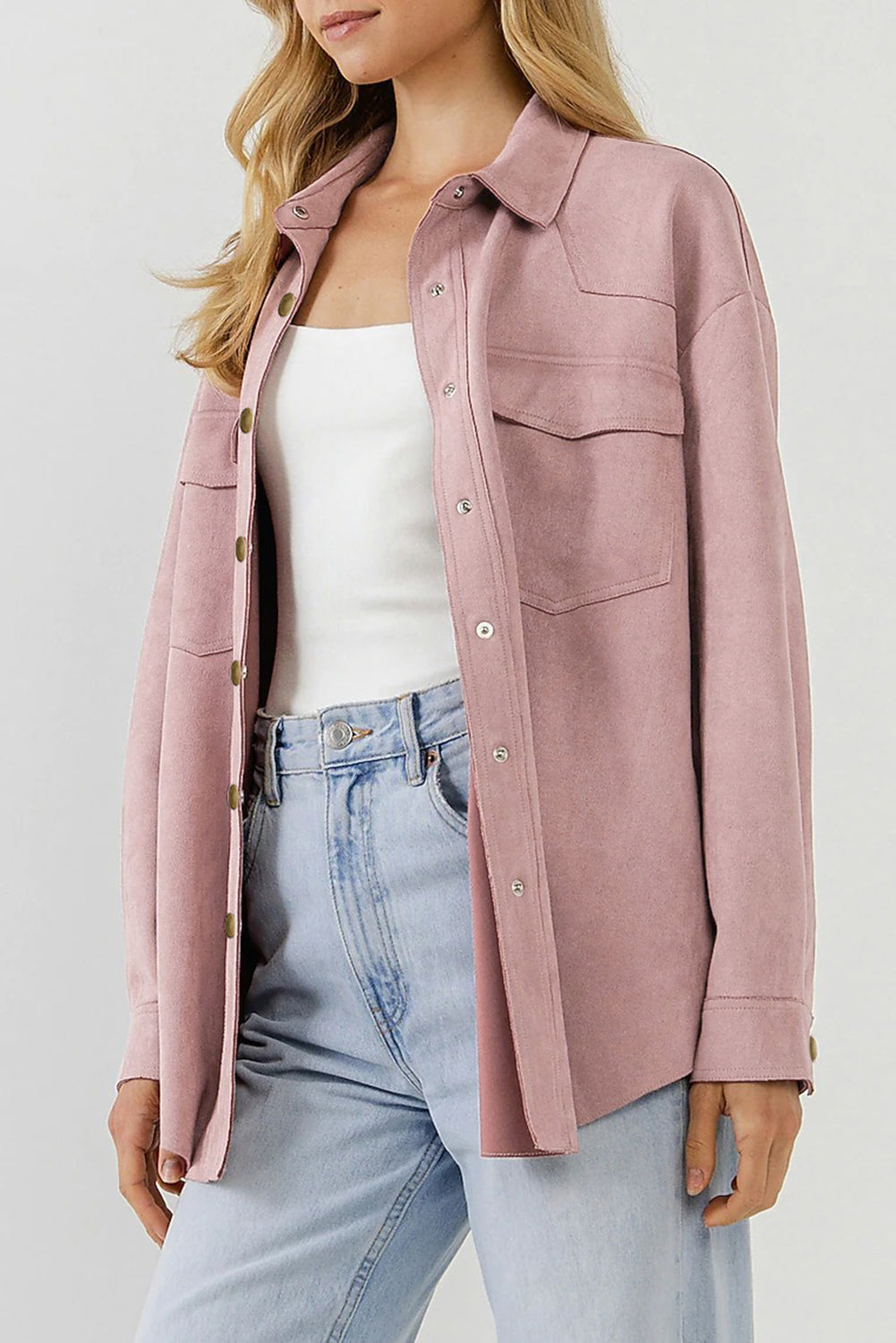 Suede Snap Front Dropped Shoulder Jacket Trendsi