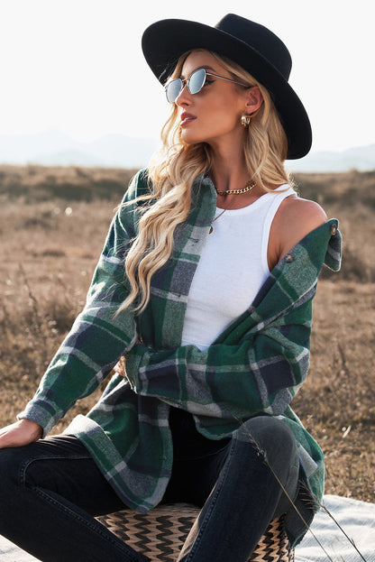 Plaid Print Buttoned Shirt Jacket Kiwidrop