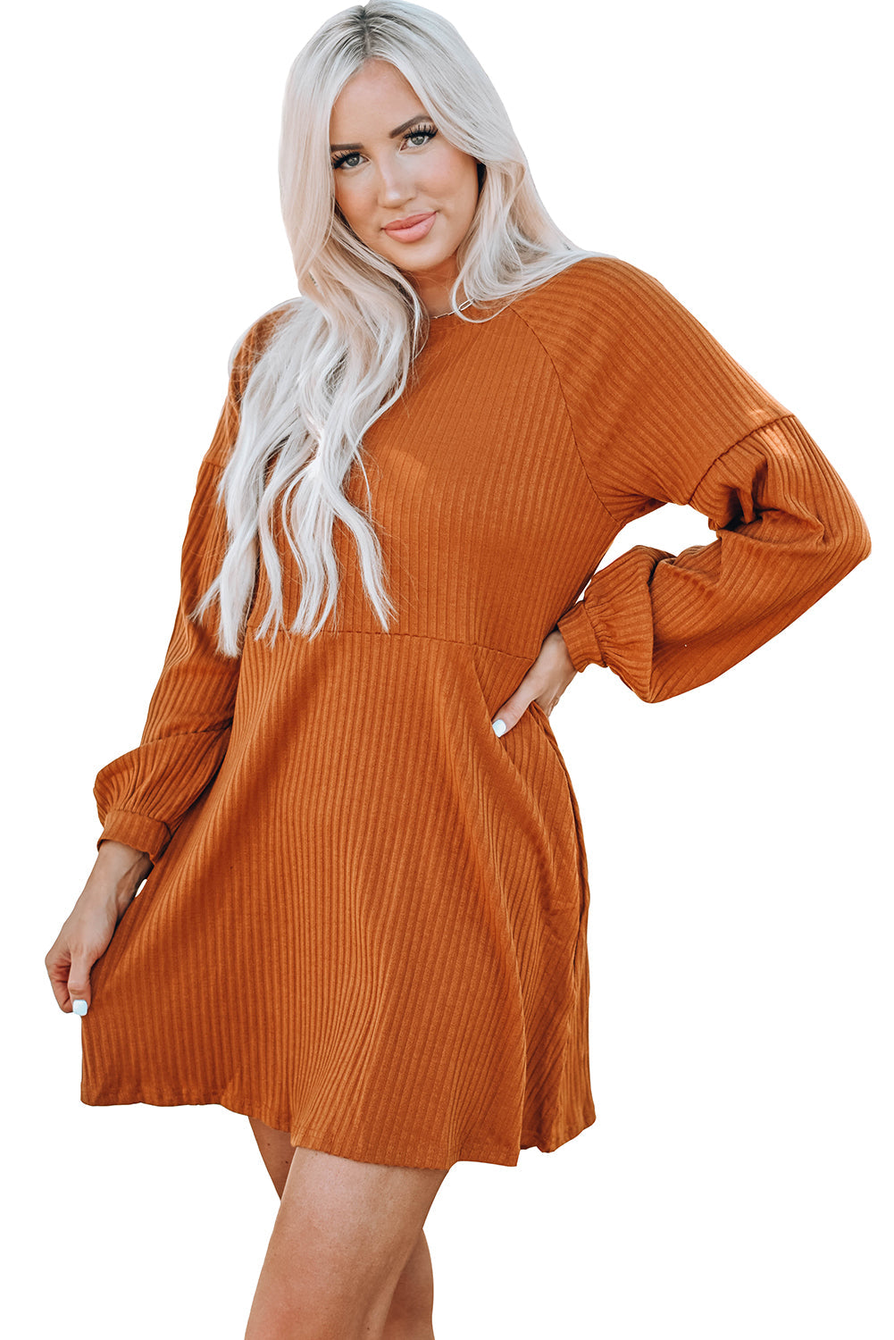 Round Neck Empire Waist Ribbed Knit Dress Kiwidrop