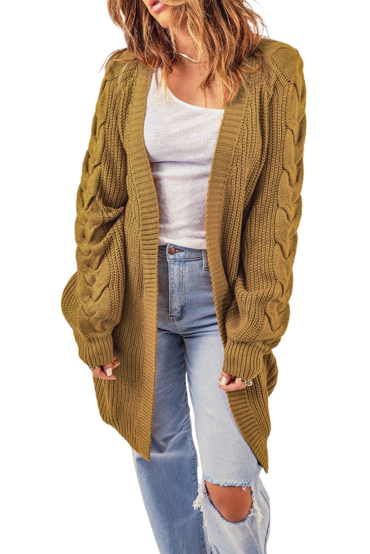 Open Front Cable Sleeve Long Cardigan Kiwidrop