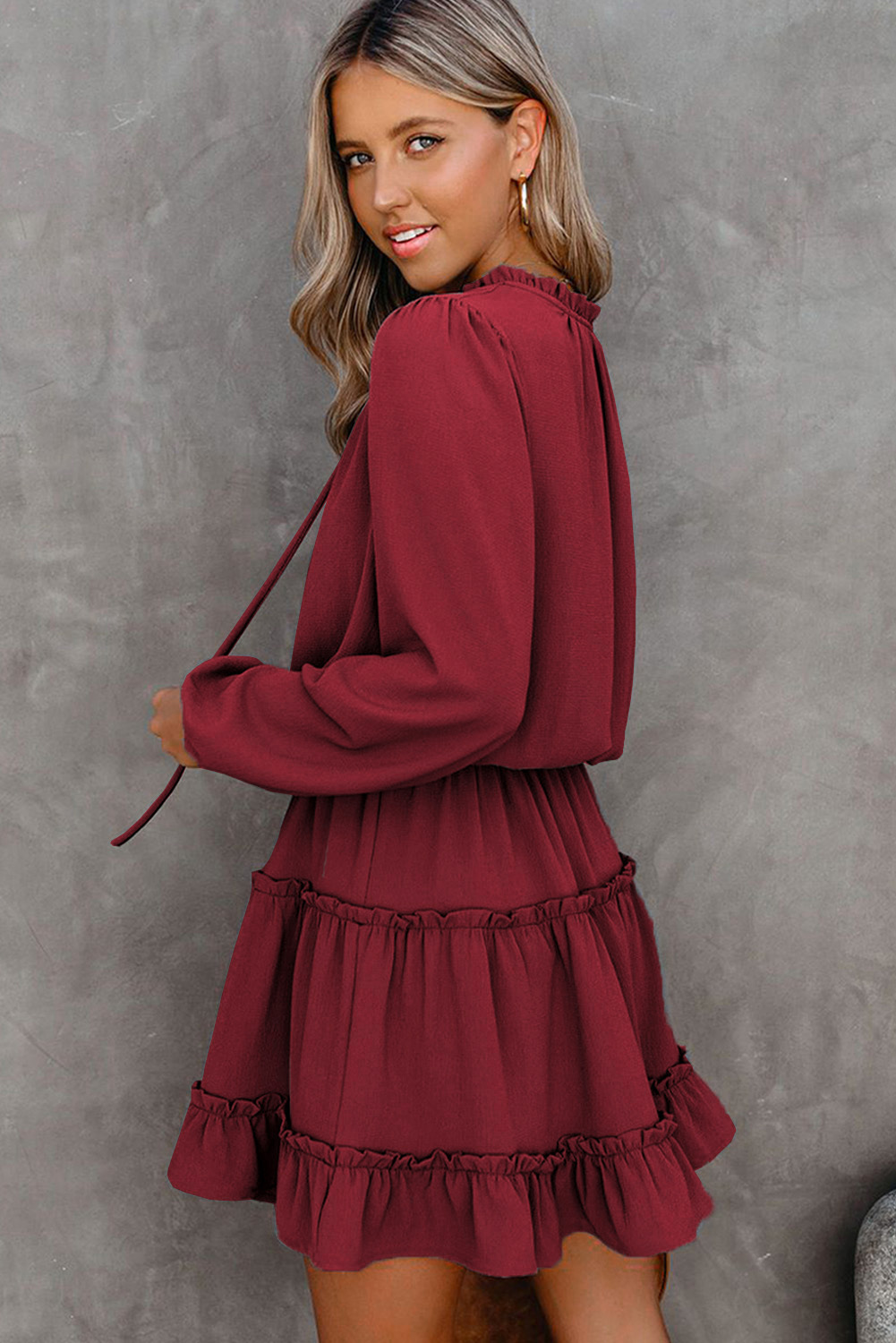 V Neck Long Sleeve Ruffle Tiered Mini Dress Kiwidrop