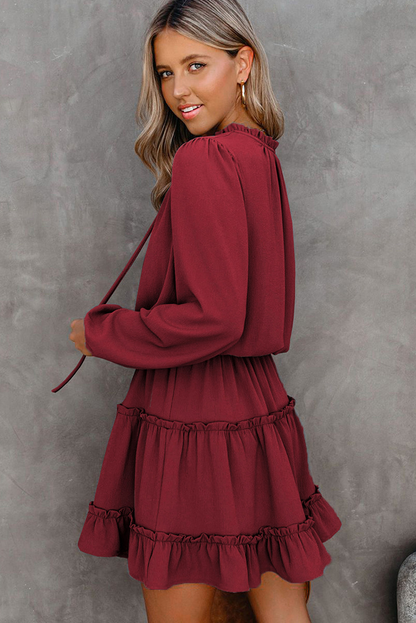 V Neck Long Sleeve Ruffle Tiered Mini Dress Kiwidrop