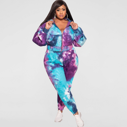 Women's Plus Size Tie Dye Casual Jacket & Pants Set Kiwidrop