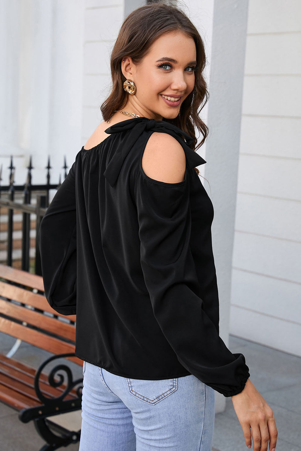 Tied Asymmetrical Neck Cold-Shoulder Blouse