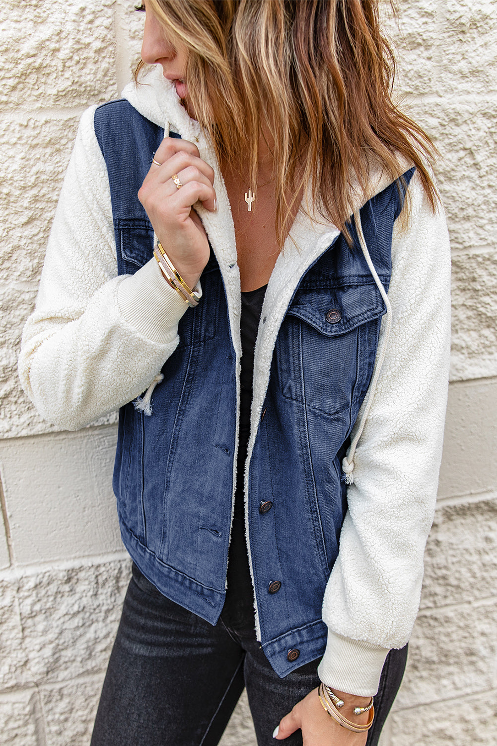 Two-Tone Spliced Denim Sherpa Hooded Jacket Trendsi