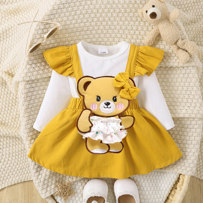 Bow Tie Skirt Bear Detail Round Neck Dress