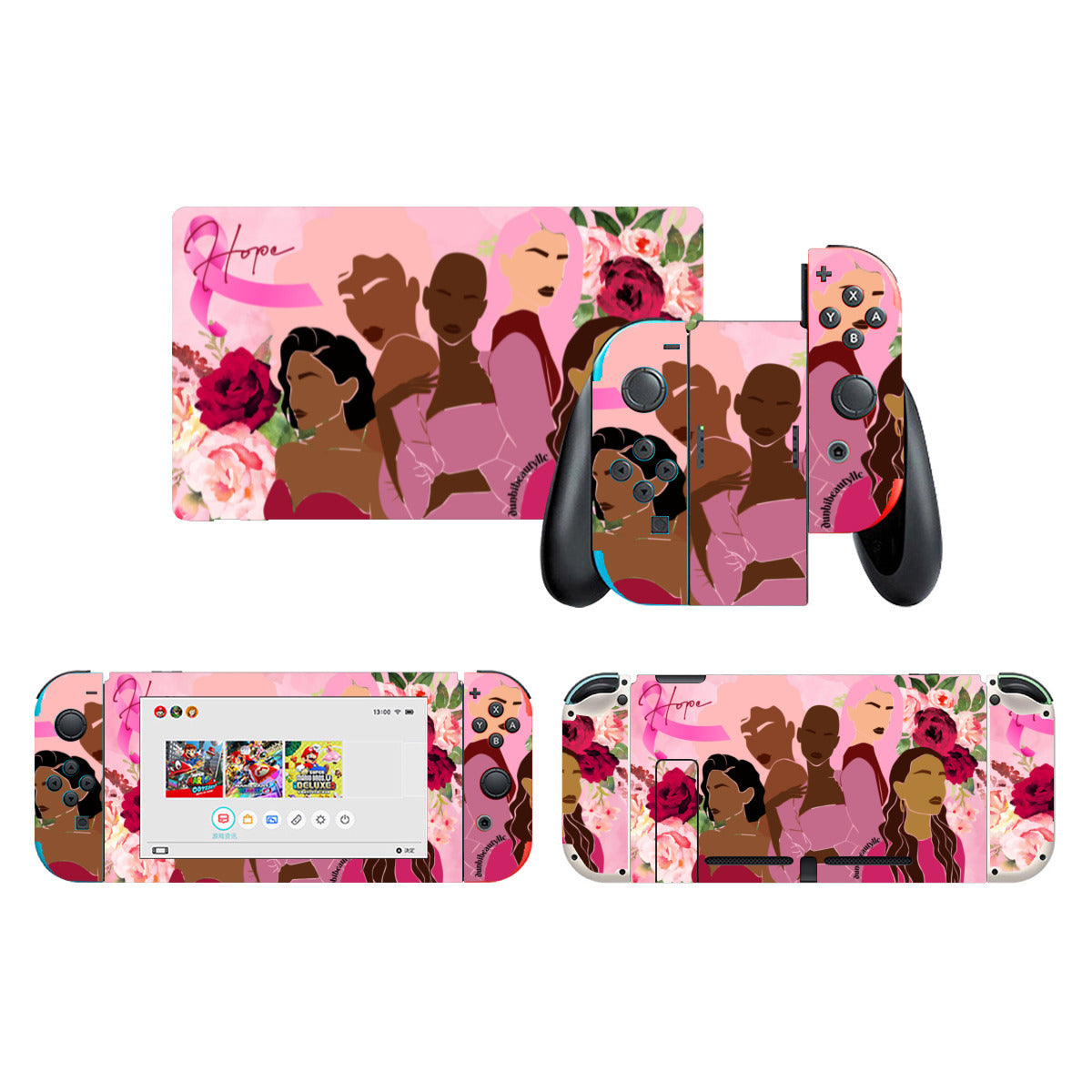 Nintendo Switch Game Console Stickers ｜PVC -Unity, Hope, Pink, Hot Pink, Burgundy, Roses, Breast Cancer Awareness, Women, Black, Hispanic, White, Hair, Smooth (Designed by Dunbi)