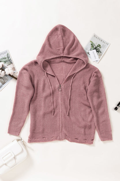 Zipper V-Neck Dropped Sleeve Hooded Solid Sweater Kiwidrop