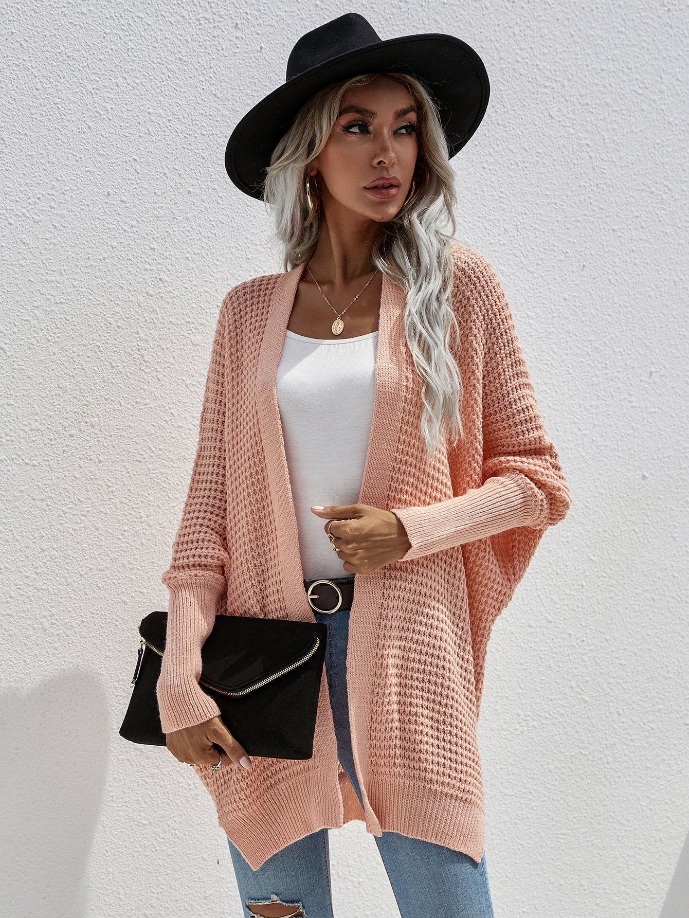 Waffle Knit Open Front Cardigan Trendsi