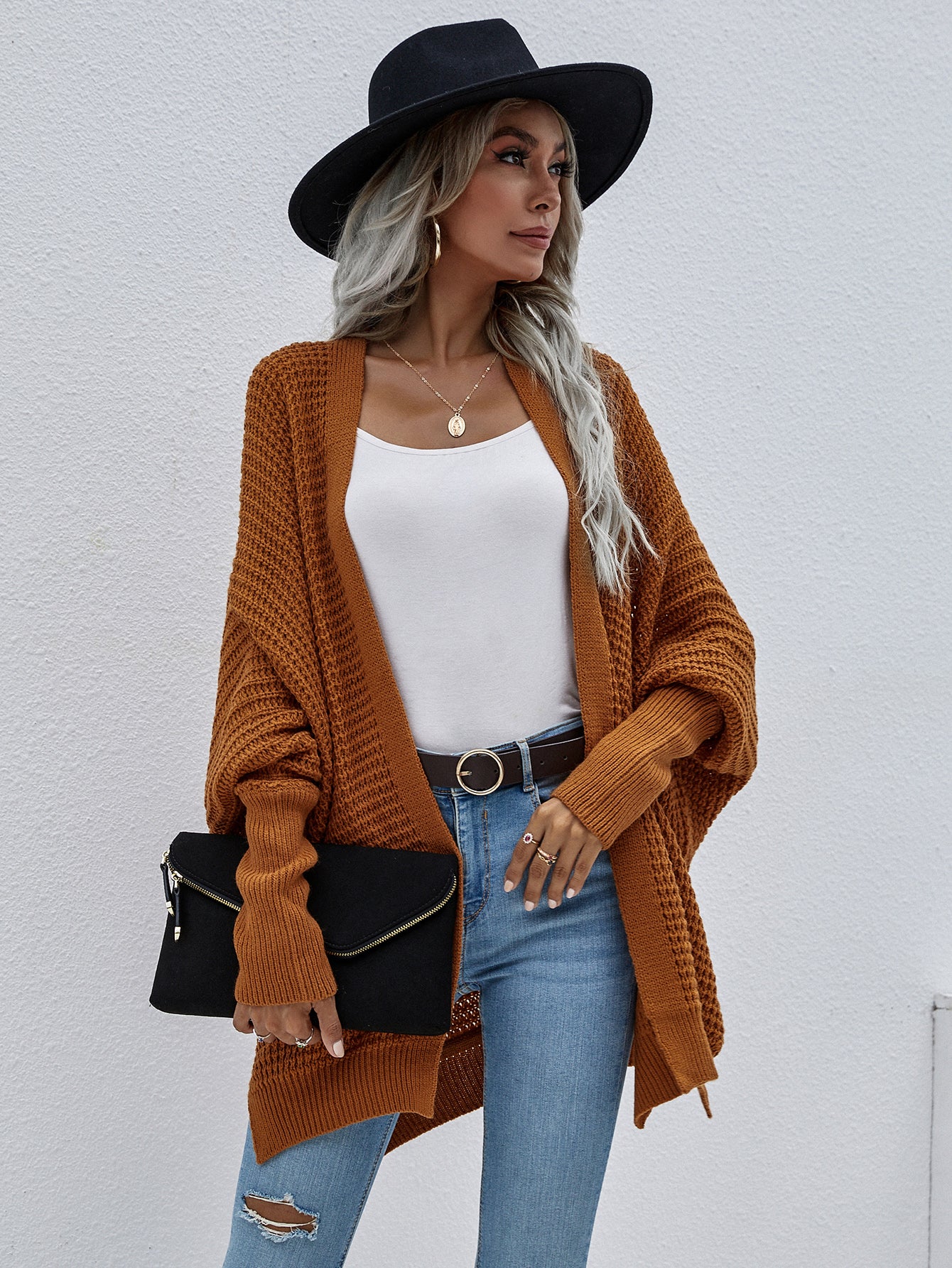 Waffle Knit Open Front Cardigan Trendsi