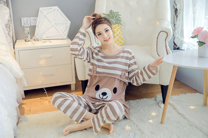 Spring Autumn Maternity Cotton Long Sleeve Nursing Pajama Larnt