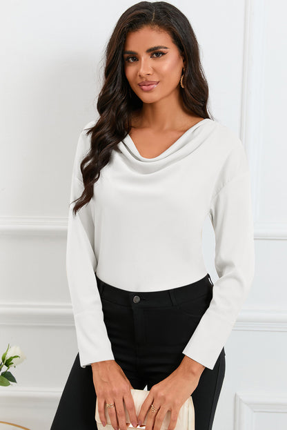 Cowl Neck Dropped Shoulder Long Sleeve Back Tie Blouse