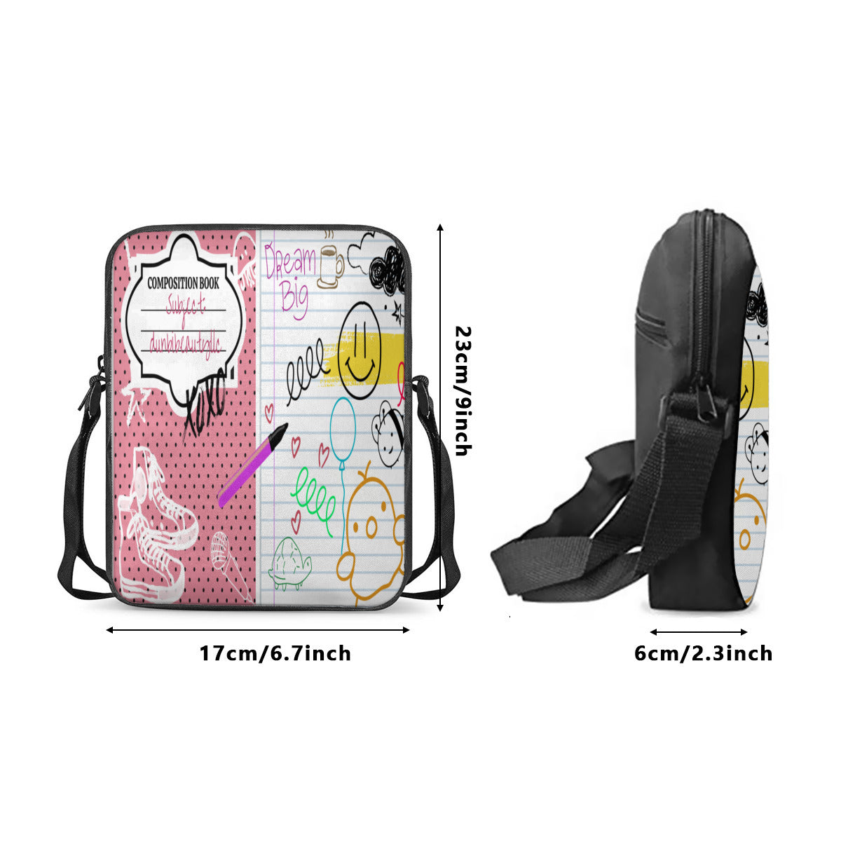 Casual And Versatile Satchel｜Polyester -Back to School, Composition Notebook Style, Doodles, Scribbles, Writing, Girl, Pink (Designed by Dunbi)