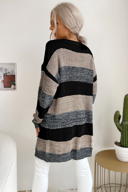 Striped Long Sleeve Duster Cardigan Trendsi