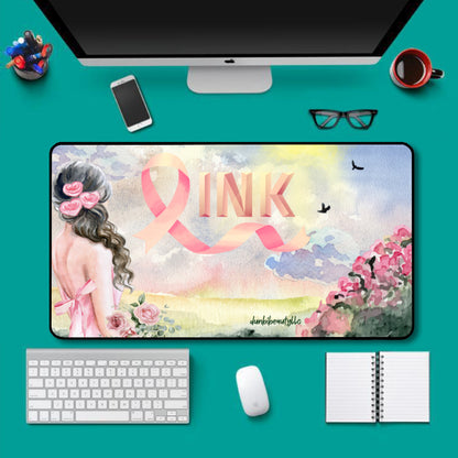 Black Lock Edge Mouse Pad (16×30inch)｜Polyester -Pastel Pink, Breast Cancer Awareness, Open Field, Day, Birds, Flowers, Bows and Ribbons, Watercolor Sunlight (Designed by Dunbi)