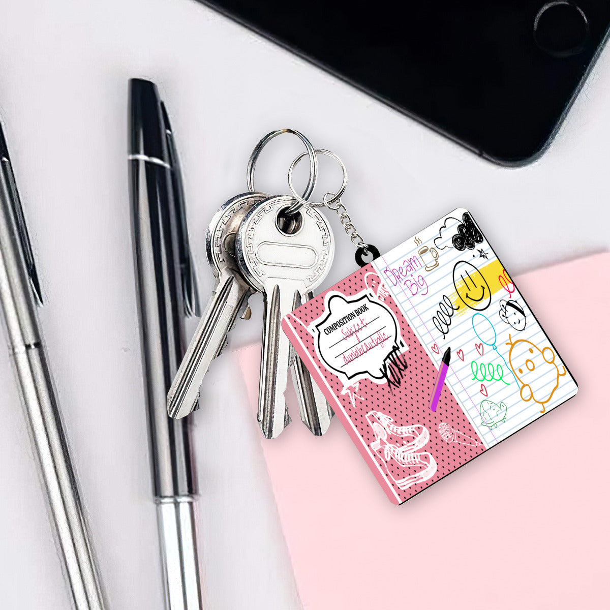 Wooden square keychain (double-sided design) | MDF - Back to School, Composition Notebook Style, Doodles, Scribbles, Writing, Girl, Pink (Designed by Dunbi)