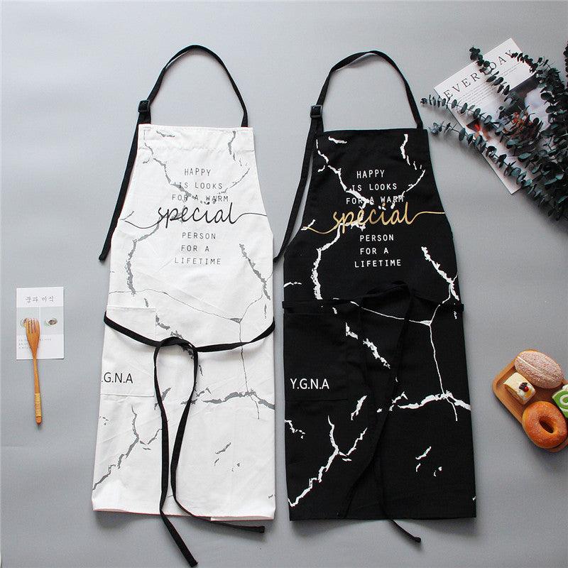 Nordic Cotton Apron Black White Marble Cooking Aprons For Men Women with Big Pocket Bib Overalls Kitchen Baking Accessories Larnt