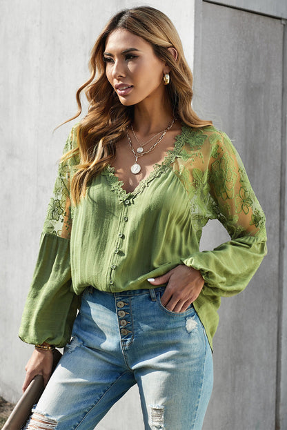 V Neckline Lace Shoulder Patchwork Blouse Kiwidrop