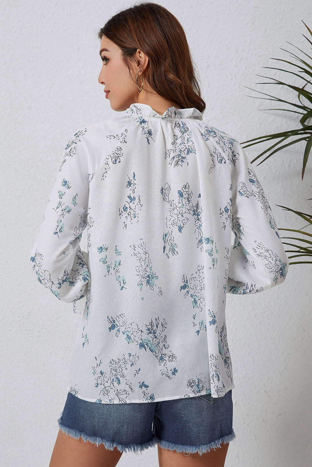 Floral Tie Neck Flounce Sleeve Blouse