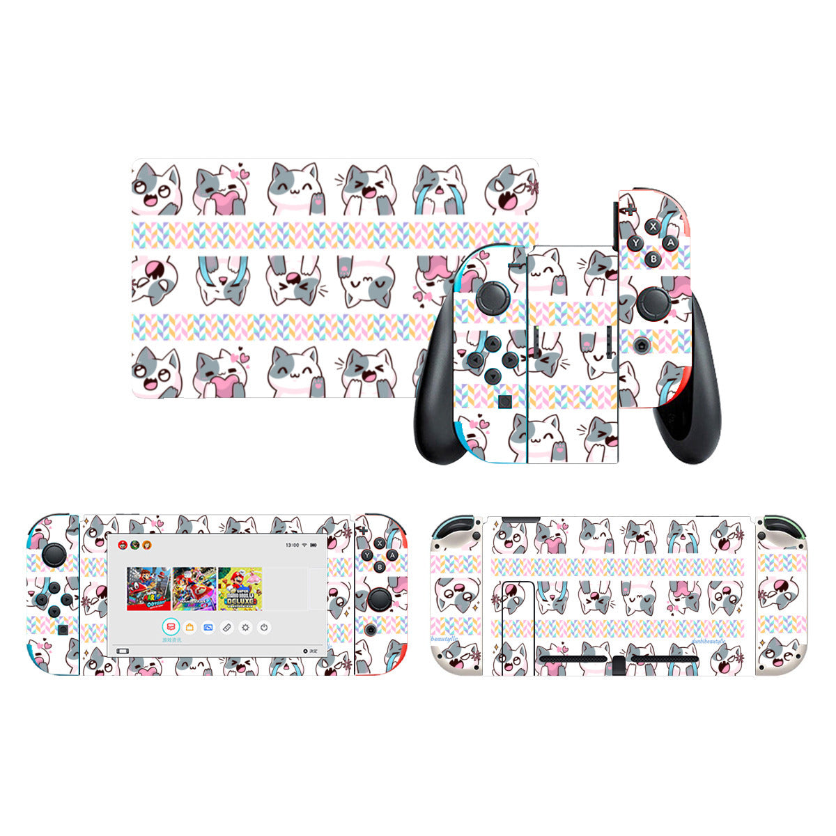 Nintendo Switch Game Console Stickers ｜PVC -Kawaii Cat, Anime Style, Cartoon, Emotions, Happy, Sad, Angry, Laughing, White Background (Designed by Dunbi)