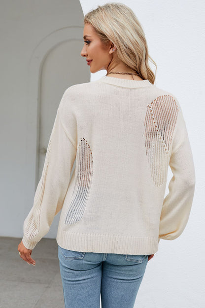 Openwork Round Neck Dropped Shoulder Knit Top